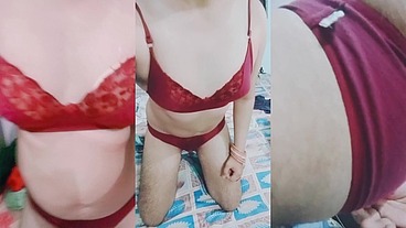 Indian Trans Woman Gaurisissy in red honeymoon bra panty looking so hot and sexy