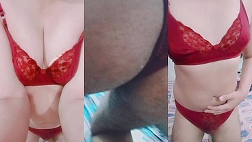 Indian Trans Woman Gaurisissy in red honeymoon bra panty looking so hot and sexy