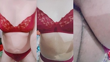 Indian Trans Woman Gaurisissy in red honeymoon bra panty looking so hot and sexy
