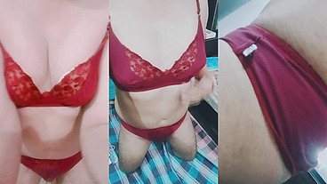 Indian Trans Woman Gaurisissy in red honeymoon bra panty looking so hot and sexy