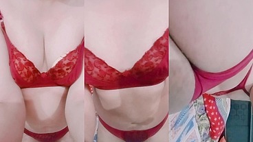 Indian Trans Woman Gaurisissy in red honeymoon bra panty looking so hot and sexy