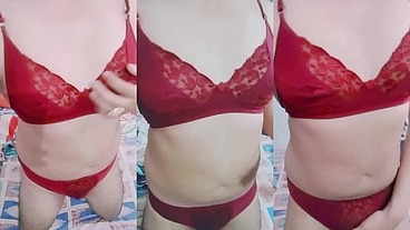 Indian Trans Woman Gaurisissy in red honeymoon bra panty looking so hot and sexy