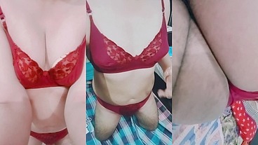 Indian Trans Woman Gaurisissy in red honeymoon bra panty looking so hot and sexy