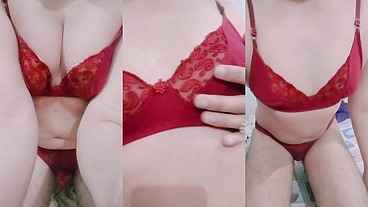 Indian Trans Woman Gaurisissy in red honeymoon bra panty looking so hot and sexy