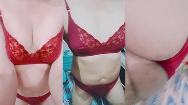 Indian Trans Woman Gaurisissy in red honeymoon bra panty looking so hot and sexy