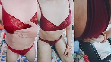 Indian Trans Woman Gaurisissy in red honeymoon bra panty looking so hot and sexy