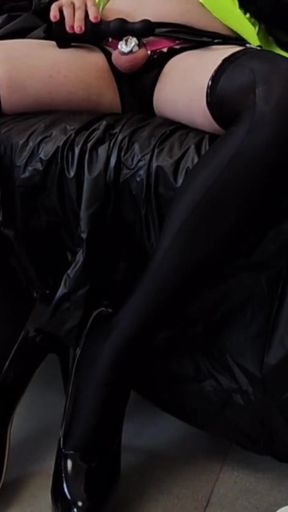 Compilation Sissy Lola outfit black cat latex shoves sex toys into her little ass and cums without hands   Clip 3