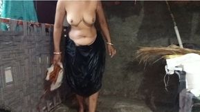 The stepsister is pressing her boobs out of her blouse after bathing, putting her finger in her pussy.