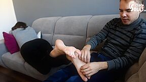 Horny Guy Enjoys Licking Sexy Brunettes Sensitive Soles On The Sofa
