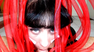 Saffron Bacchus delivers a hot handjob and takes cum in her mouth during sci-fi cosplay