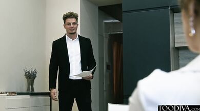 Brunette accountant gets face filled with deep cock in her office