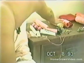 Mature brunette wanks with two different dildos