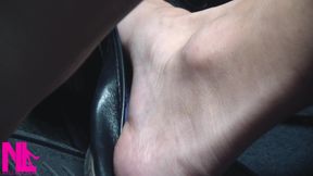 Revving and Driving in Black Leather Flats on Barefeet