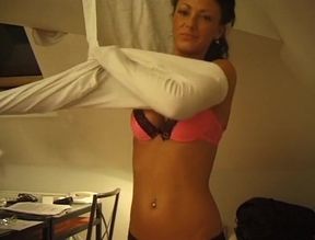 Hot brunette with natural tits shows off her body