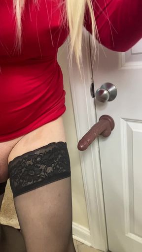 Trans Female Crossdresser in Tries to Cum on Dildo Then Sucks It Like the Slutty MILF Bouncing Her Ass and Grinding on a Cock