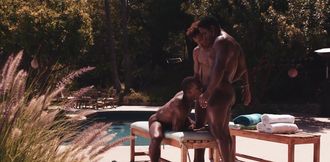 Outdoor threesome with muscles and cummies