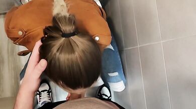 Pov wet deepthroat in a public toilet to busty blonde lips