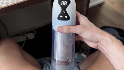 Sex toy review: shooting my thick load in a blowjob simulator with suction and rotation on my uncut cok