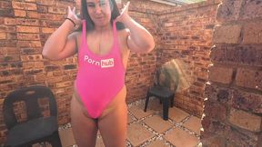 Thick chick in itsy-bitsy bikini deep-throats and hand-jacks my boner POV, Spunk on threads