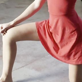 goddess like stretching in red dress