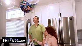 Freeuse cougar - curvy stepmom with giant Natural Tits Emmy Demure gets free-for-all used by her birthday man
