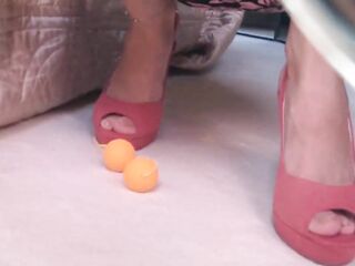 Ballbusting Vagina Balls in Pink Open Toe Sandals on Barefoot