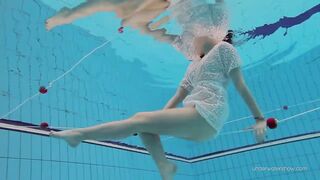 White clothed tight bushy Goddess Katy Soroka underwater