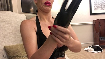 Rebecca More from Naked into a Sexy Latex Outfit Reverse Striptease