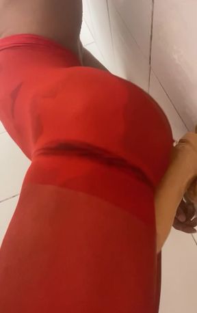 Flare in red pantyhose