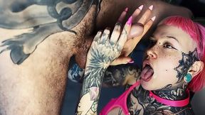 inked teen with split tongue gives messy head and rimming