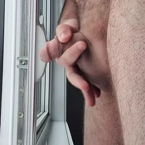 Small dick Cumming from second stair window