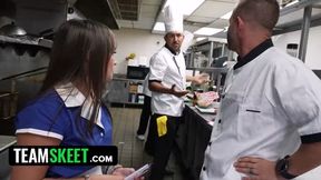 Waitress Services the Kitchen Crew with Her Tits, Pussy, and Ass