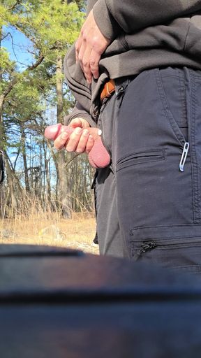 Outdoor pissing and playing with hard cock