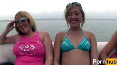 Pierced blonde strips bare on deck during foggy boat party