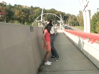Cute brunette hair drilled by her stepdad outdoors