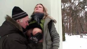 Man picks up blonde whore and fucks her in snow