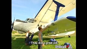 Gay threesome in the airfield anal fuck