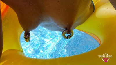 Naked Pool Fun: Stretched Nipples & Oversized Rings