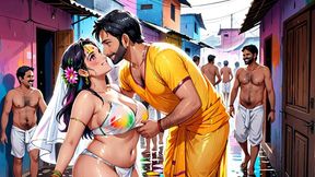 Explicit anime images of Indian girls in provocative Holi celebrations, no censors permitted.