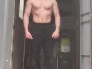 Muscular Daddy gets naked, flexes his big muscles and turns himself on and jerks off in a shed