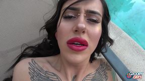 Latina tgirl Gia Cruz cums hard outdoor by the pool