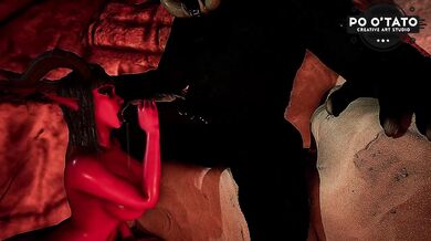 A succubus demon girl sinks her throat down an orc monster cock in a cave creampie blowjob with huge monster cock