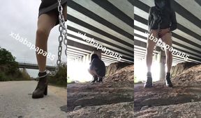 Ugly Chained Sissy Pisses Gushes Cum on Rocky Hill Public Ruin