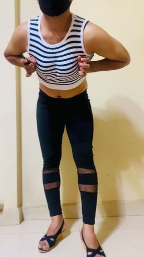 Indian crossdresser bambi in black legging and white crop top.