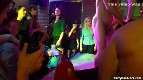 Horny chick is sucking a strangers cock in the night club, while her friends are getting fucked