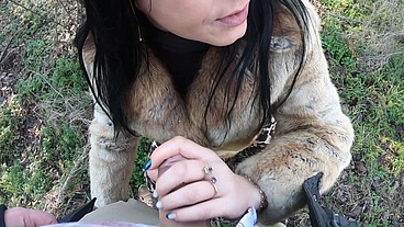 Cheating wife goes fur-coat shopping with her husband's friend. She will suck his cock out-door 221