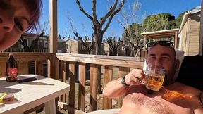 Outdoor Blowjob in a Camping on the Terrace While Sipping