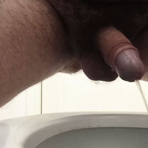 Front view, naked pissing in toilet