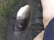 Peeing off a tractor tire