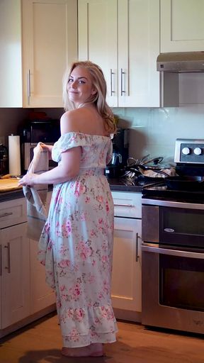 91 - Blue floral off the shoulder dress making coffee - 10 tea towel